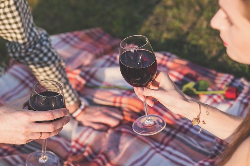 Two people drinking red wine at Musical Picnics in Lyman Park
