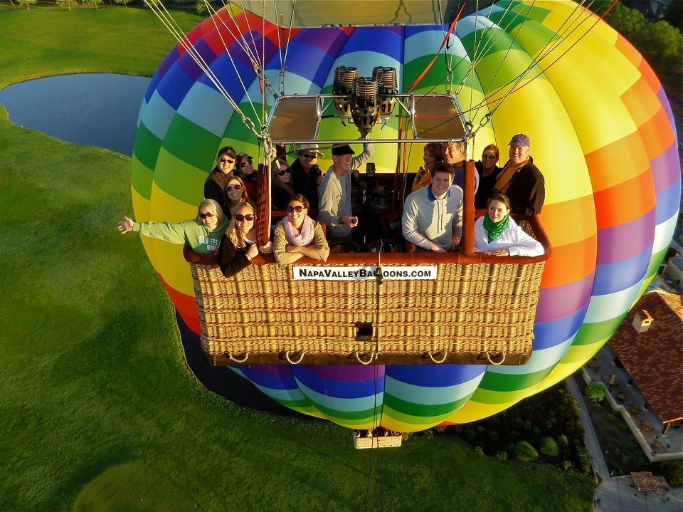 People in a hot air balloon in Napa