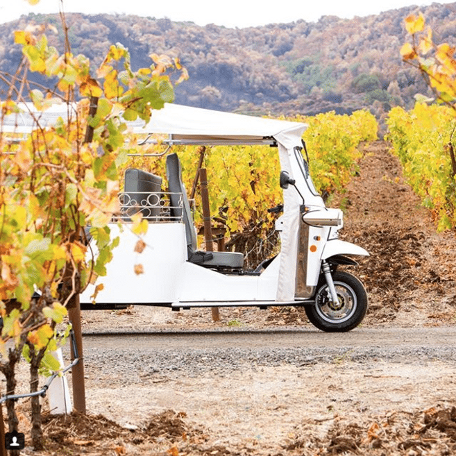 Small white transport vehicle at a vineyard | Laces and Limos, Napa Valley