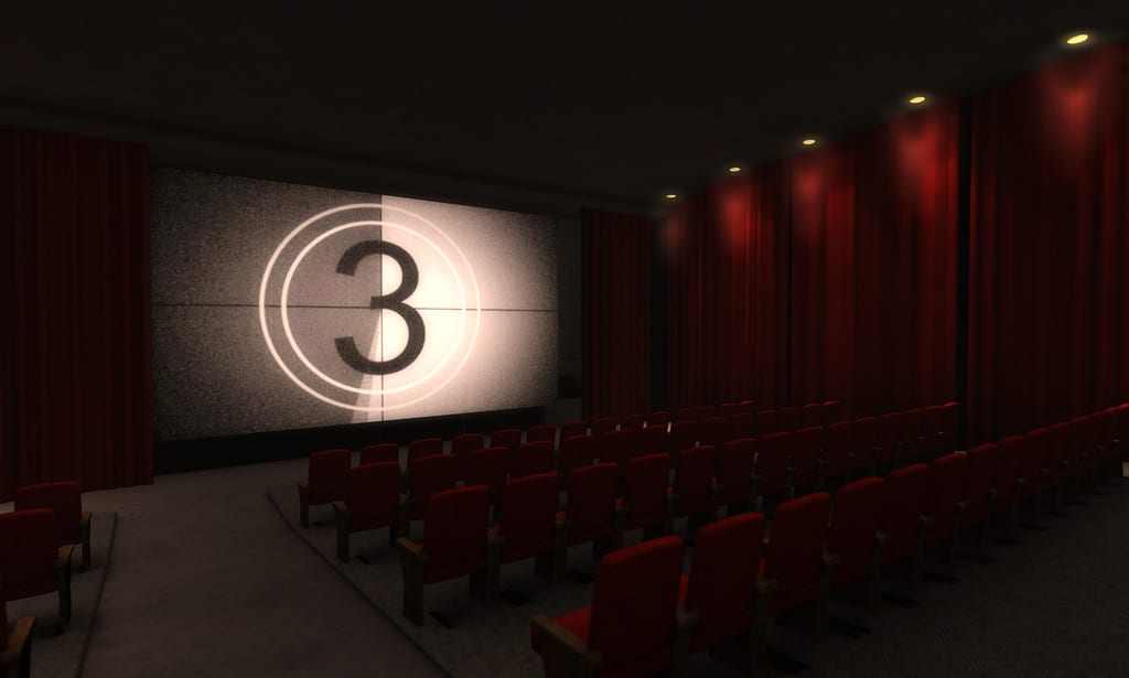 Theater room showing the number "3" on the screen