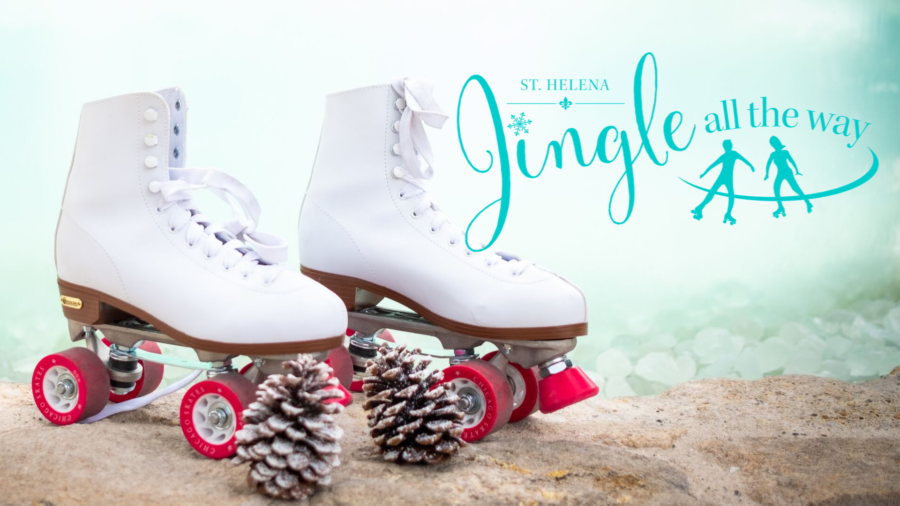 Roller skates with pinecones and text "Jingle all the way, St. Helena"